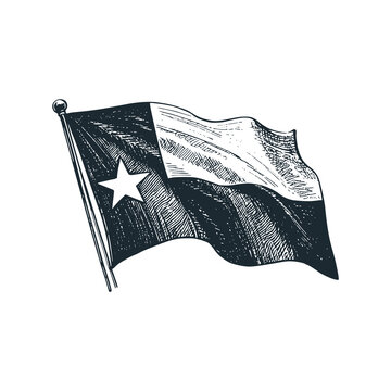 Texas Flag on Iron Flagpole - Black and White Vector Illustration
