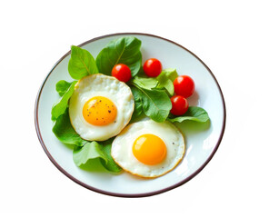 Two sunny side up eggs with spinach leaves and cherry tomatoes on a round white plate, clean composition for healthy food visuals and breakfast promo concept