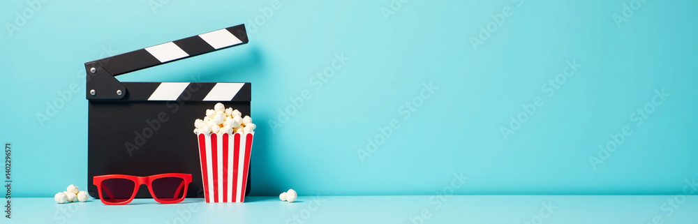 Poster a table scene with a clapperboard, striped popcorn box, and 3d glasses is set against a light blue b
