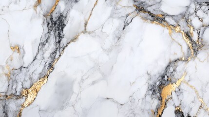 A marble surface with black, white, and gold veins.
