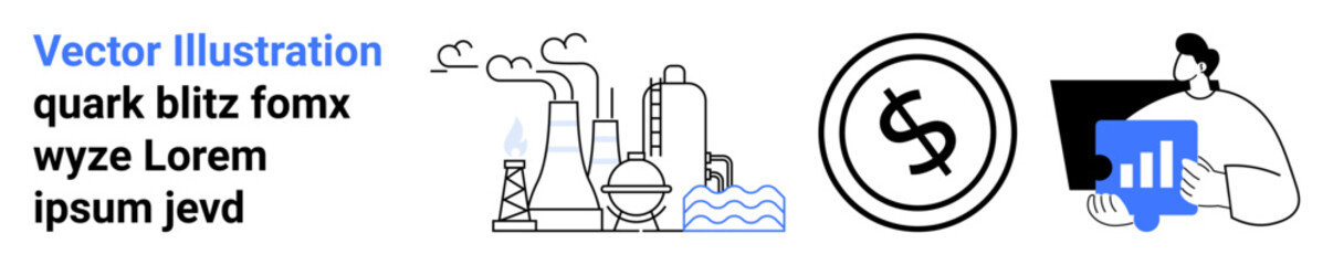 Industrial factories emitting smoke near water, dollar coin denoting financial concepts, person analyzing bar chart on device. Ideal for finance, manufacturing, sustainability, business, economics