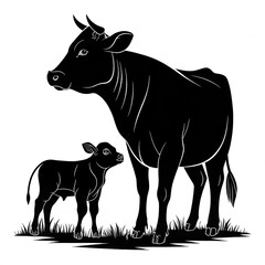 Fototapeta premium Black silhouettes of a zebra, cow, and white horse illustrate wild and farm mammals