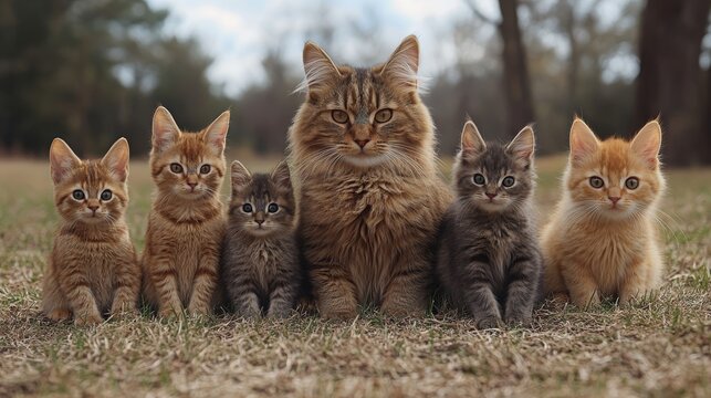 A proud mother cat with her adorable kittens in a field.