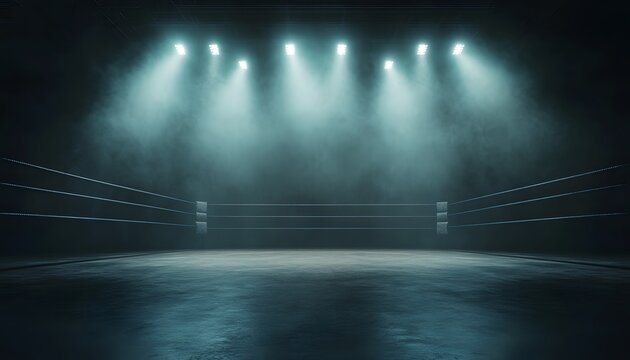 Empty Boxing Ring Arena with Bright Lights and Smoky Background in a Gloomy Dark Hall