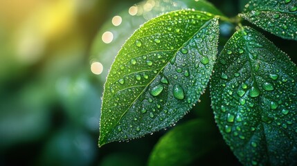 Close Up Of Green Leaves Covered With Dew Drops With Sunlight Backlighting