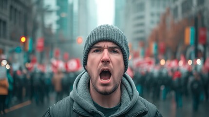 Angry Man Shouting at a Blurred Protest Crowd in a City Street