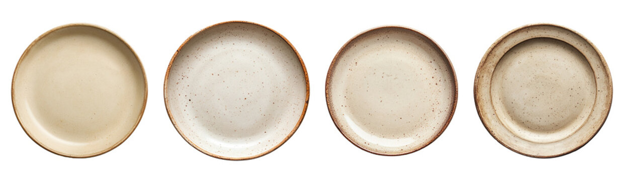 Set of empty beige stoneware dinner plate isolated on transparent background