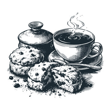 coffee cup, cookies, sugar bowl sketch clip art preview