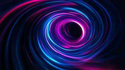 Abstract glowing spiral design with dynamic blue and magenta light trails on black