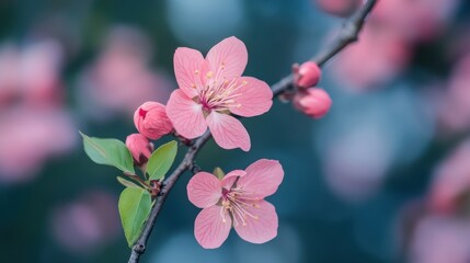 A close-up of pink cherry blossoms on a branch, with sunlight filtering through.