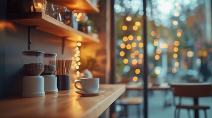 A shelf with plants and coffee equipment in a cafe.