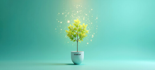 Glowing green plant in a pot labeled "Startup," symbolizing growth and innovation