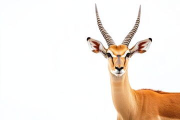 Fototapeta premium Close-up of a graceful antelope with striking horns against a plain white background