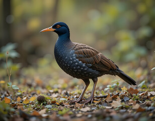 Naklejka premium Bird Standing on Ground with Autumn Leaves in Natural Habitat