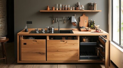 Modern kitchen interior featuring wooden cabinetry, cooking utensils, and a cozy ambiance