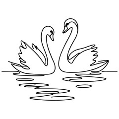 Swan Couple on Lake Line Art.