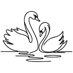 Swan Couple on Lake Line Art.