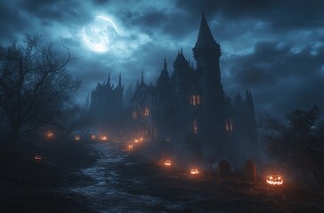 Spooky Halloween Night: Dark Castle, Scary Trees, Full Moon, Misty Path to Haunted Graveyard, Hyper-Realistic 3D Game Art, Octane Render, Unreal Engine