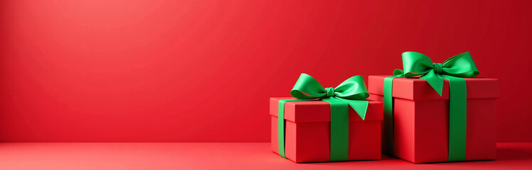 Obraz premium Beautifully Wrapped Christmas Gifts In Green Ribbons Sit Against A Bright Red Backdrop, Evoking A Festive And Joyful Holiday Feeling.