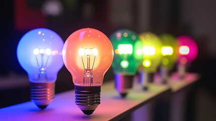 A variety colorful modern LED light bulbs, focusing on energy-efficient lighting solutions