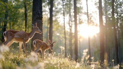 Two deer standing in a sunlit forest, surrounded by tall trees and glowing light.