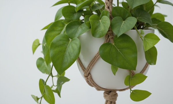 Efeutute (Epipremnum aureum) Vibrant trailing plant with heart-shaped green leaves, often displayed in a hanging macrame planter or a modern