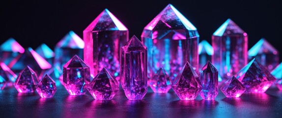 Abstract Geometric Crystal Shapes in Neon Pink Purple and Blue Glowing Light