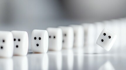 White dice falling in a row, representing chance, risk, or domino effect.