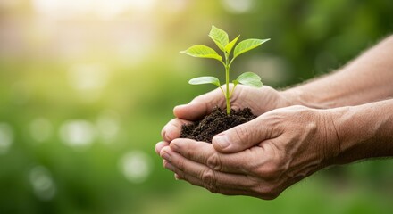 Caring hands holding a young green plant seedling with soil, symbolizing growth, new life and environmental awareness, set against a blurred natural background
