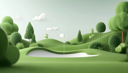 Golf Course Scene in 3D Render, Minimalist Landscape with Sand Trap and Green Hills