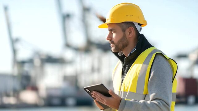 1_Supervisor checking shipping manifest on a tablet in bright morning