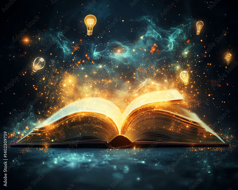 Poster an open book with radiant glowing pages, emanating beams of light and creativity, floating icons of 