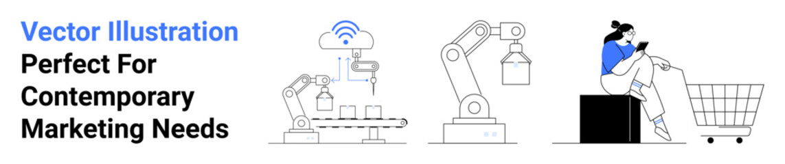 Robotic arms assembling on a production line, cloud connectivity icon, woman shopping via mobile next to a cart. Ideal for technology, e-commerce, manufacturing, automation, innovation, digital