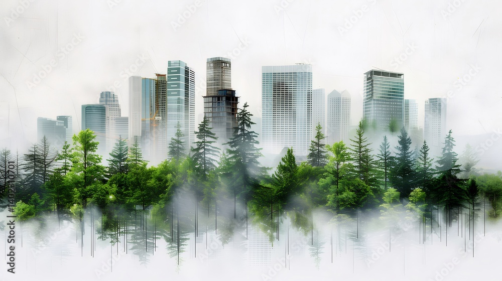 Poster 緑豊かな森林と近代的な都市の共存 霧に包まれた風景 自然と都市の融合