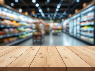 Empty wooden table in minimalist grocery store - serene retail ambiance with blurred product aisle backdrop