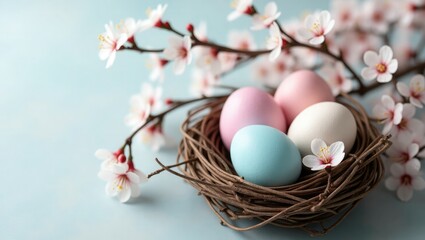 Obraz premium Pastel Easter Eggs in Nest with Cherry Blossom on Light Background