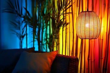 Bamboo lampshade lit in colorful lighting, enhancing a cozy ambiance