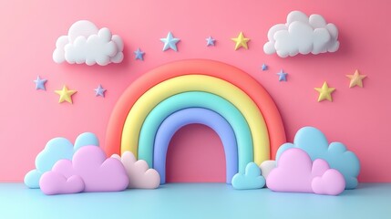Colorful cartoon rainbow with smiling clouds and star decorations