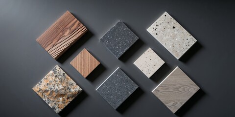 seven wood and stone samples displayed on dark background