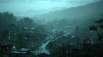 Rainy Night in a Hillside Village: A Breathtaking Panorama