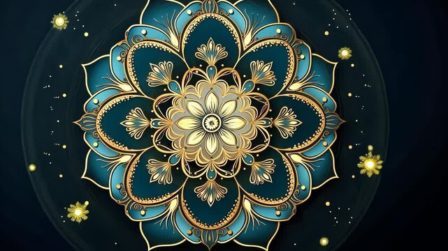 golden color design, abstract mandala illustration of sacred geometry Flower of life lotus Merkaba isolated dark blue background. Generative 4k video
