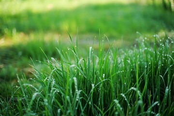 Obraz premium Close-up view of a lush green grass field covered in morning dew.