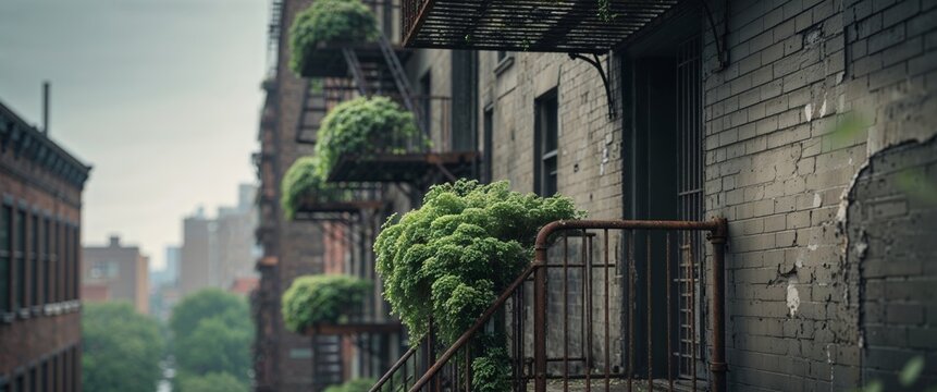 A quiet urban fire escape on a drab building holds scattered pud.