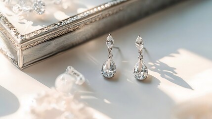 A pair of earrings with a diamond in the center and a pearl on each side