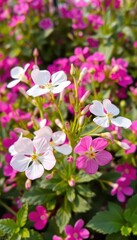 Fragrant white and pink Bacopa monnieri blossoms in a pink garden, bright, texture