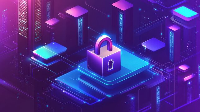 secure cyber security network with padlock icon, digital protection and data privacy concept illustration