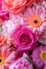 Close-up of bright pink and fuchsia roses, gerbera daisies, alstroemeria magnolias.