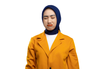 Unhappy young Asian woman crying with sad expression isolated on transparent background