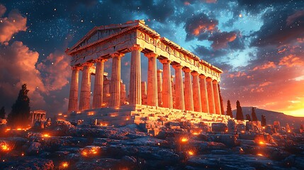 Obraz premium Ancient greek temple engulfed in cosmic flames high resolution image
