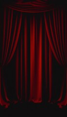 Vibrant crimson theatrical curtain backdrop against a stark black background, color, texture